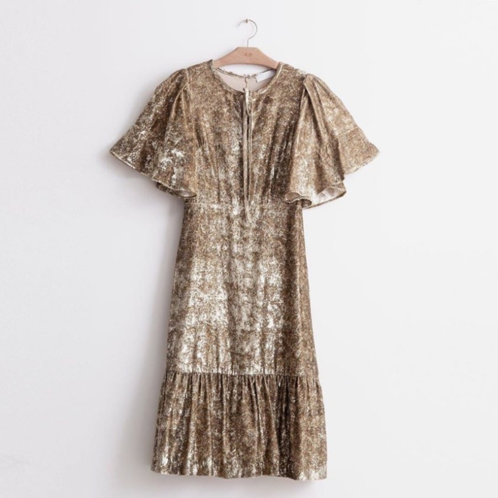 Gold velvet flutter sleeve dress